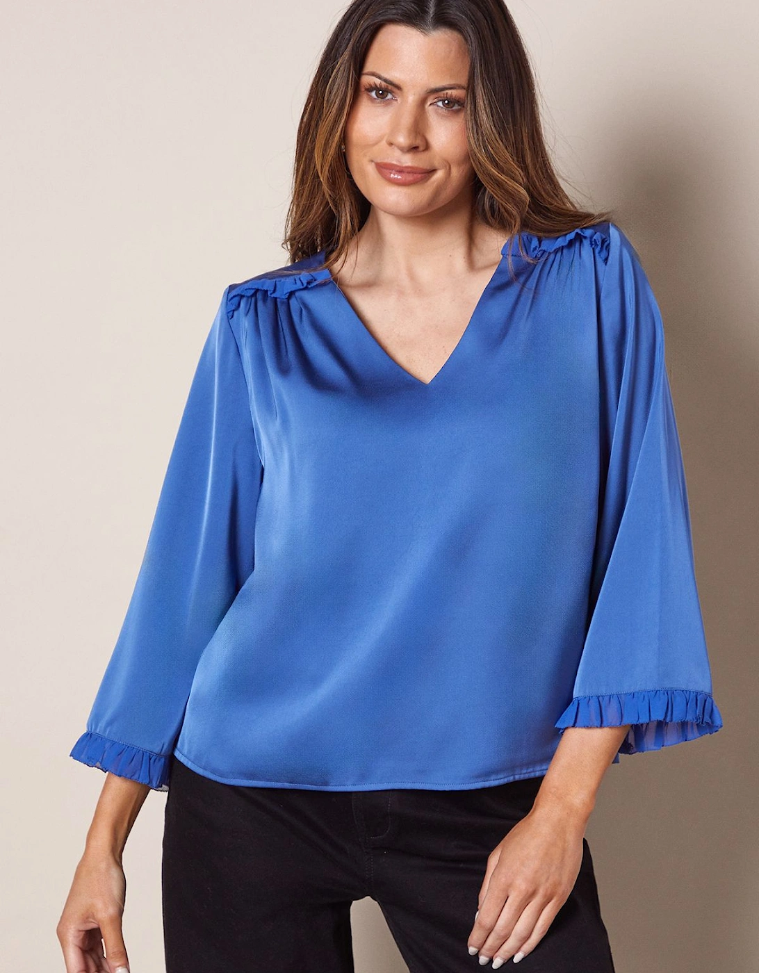 Satin Flute Sleeve Frill Detail Blouse, 2 of 1