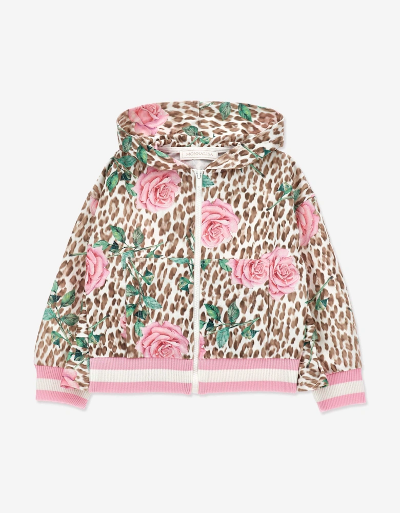 Girls Leopard and Rose Zip Up Top in Multicolour