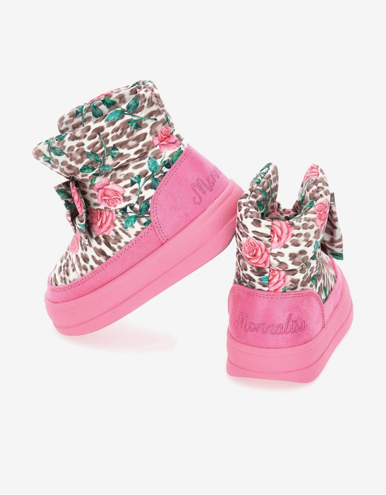 Girls Leopard and Rose Snow Boots in Pink