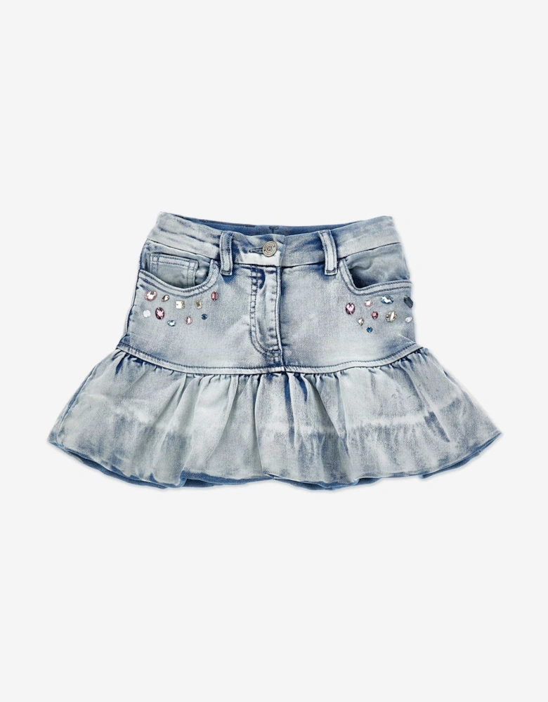Girls Bleached Denim Stitch Skirt in Blue