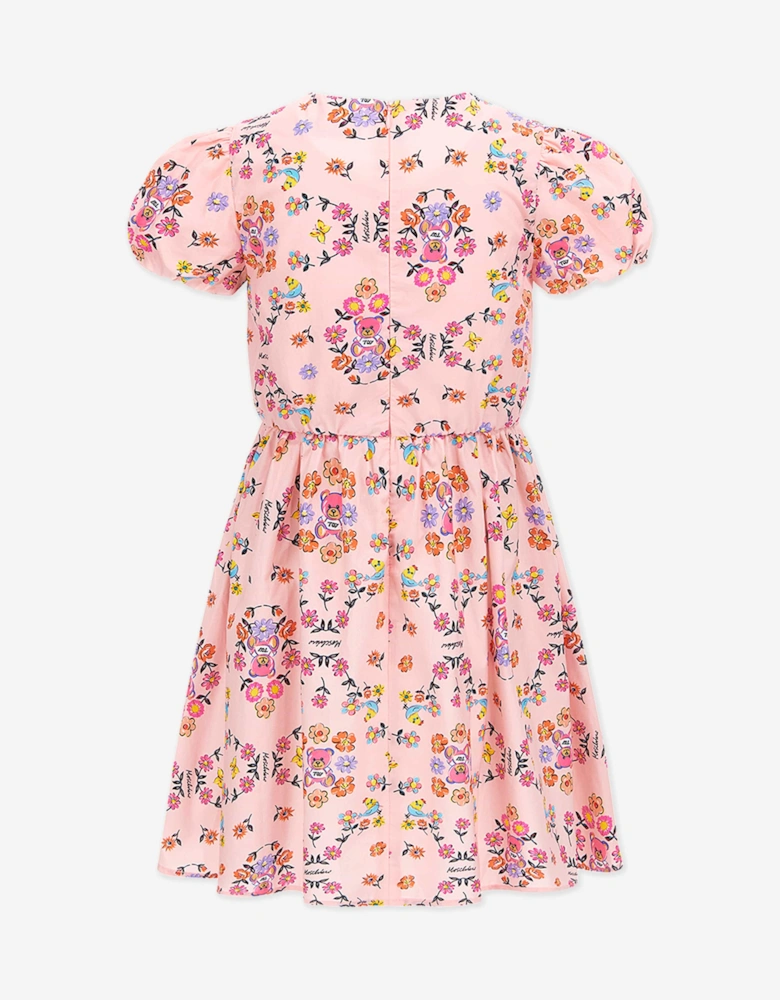 Girls Cotton Flower Print Dress in Pink