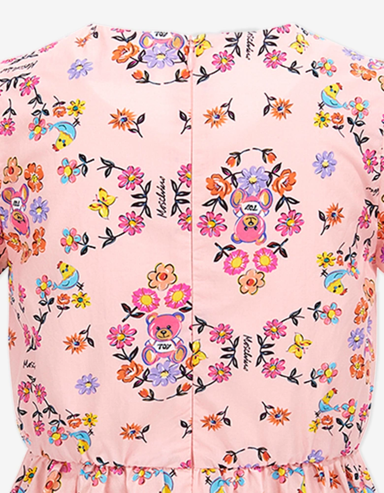 Girls Cotton Flower Print Dress in Pink