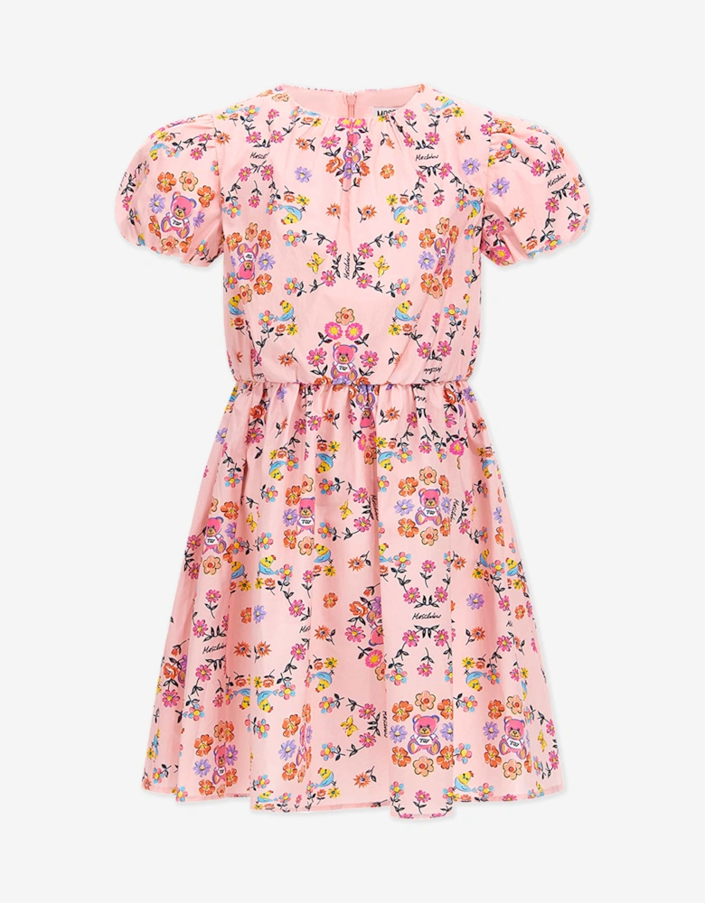 Girls Cotton Flower Print Dress in Pink