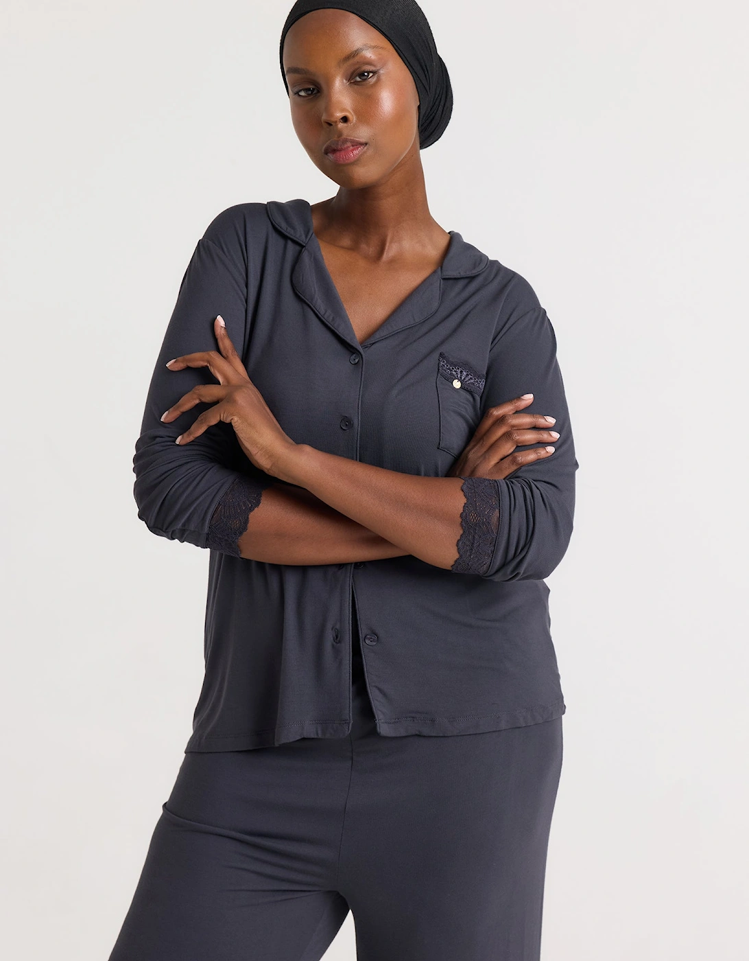 Bamboo Lace Long Pyjama Set in Raven