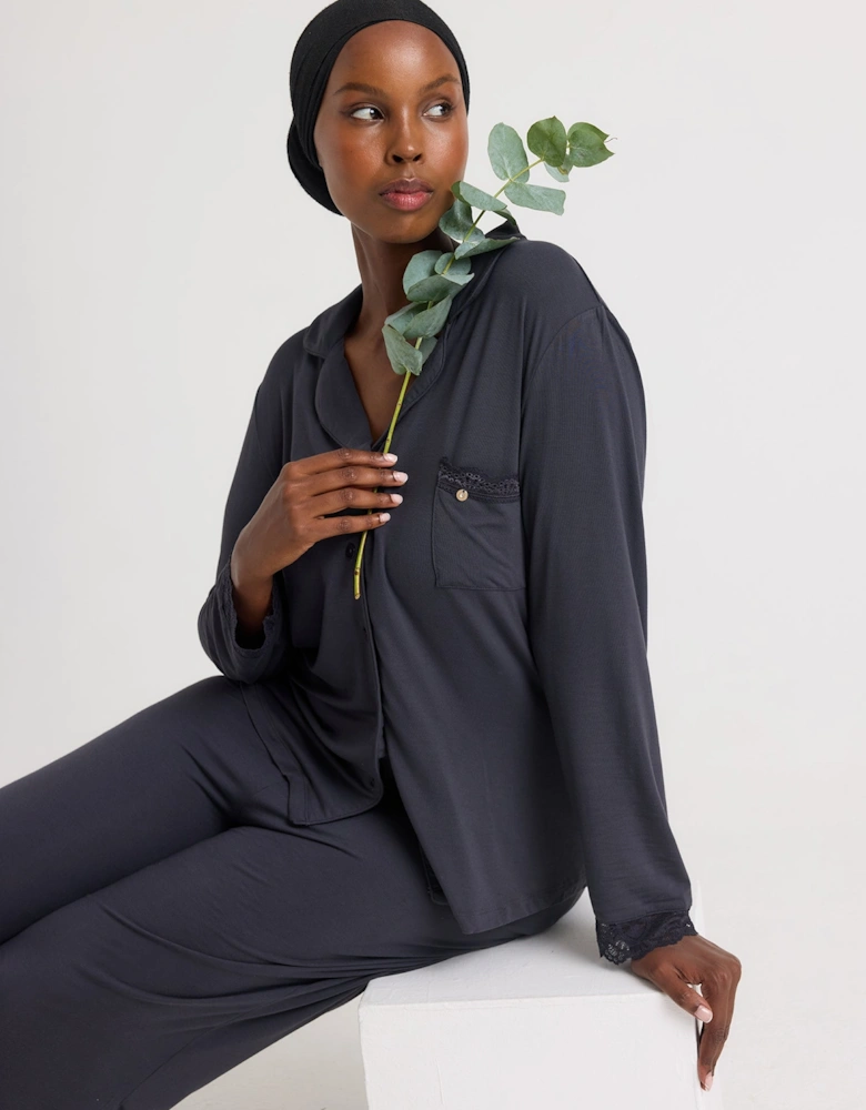 Bamboo Lace Long Pyjama Set in Raven