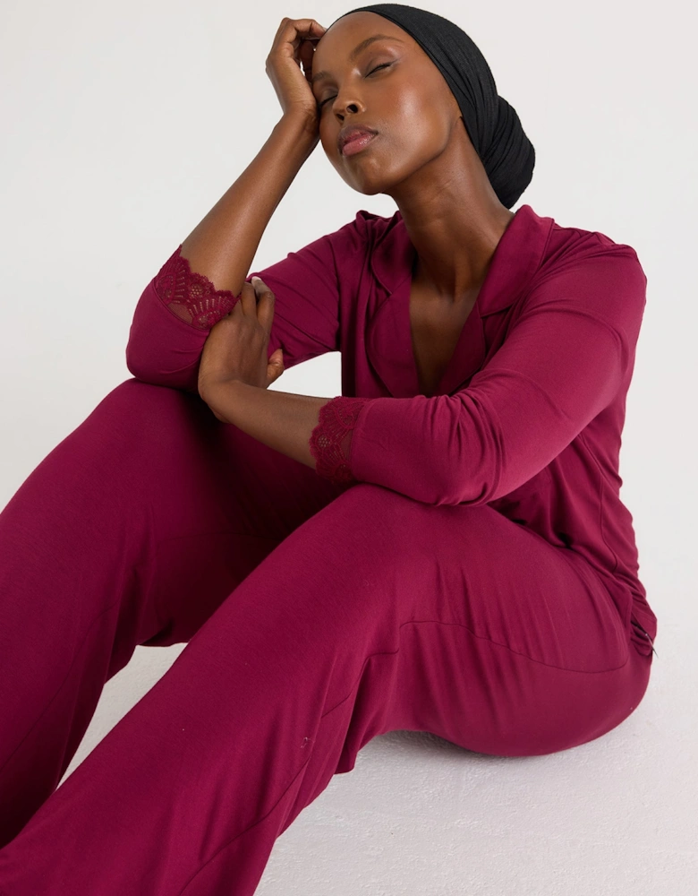 Bamboo Lace Long Pyjama Set in Bordeaux