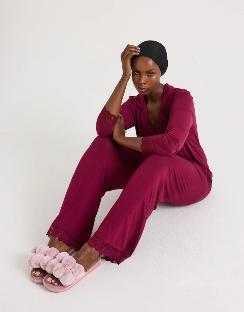 Bamboo Lace Long Pyjama Set in Bordeaux