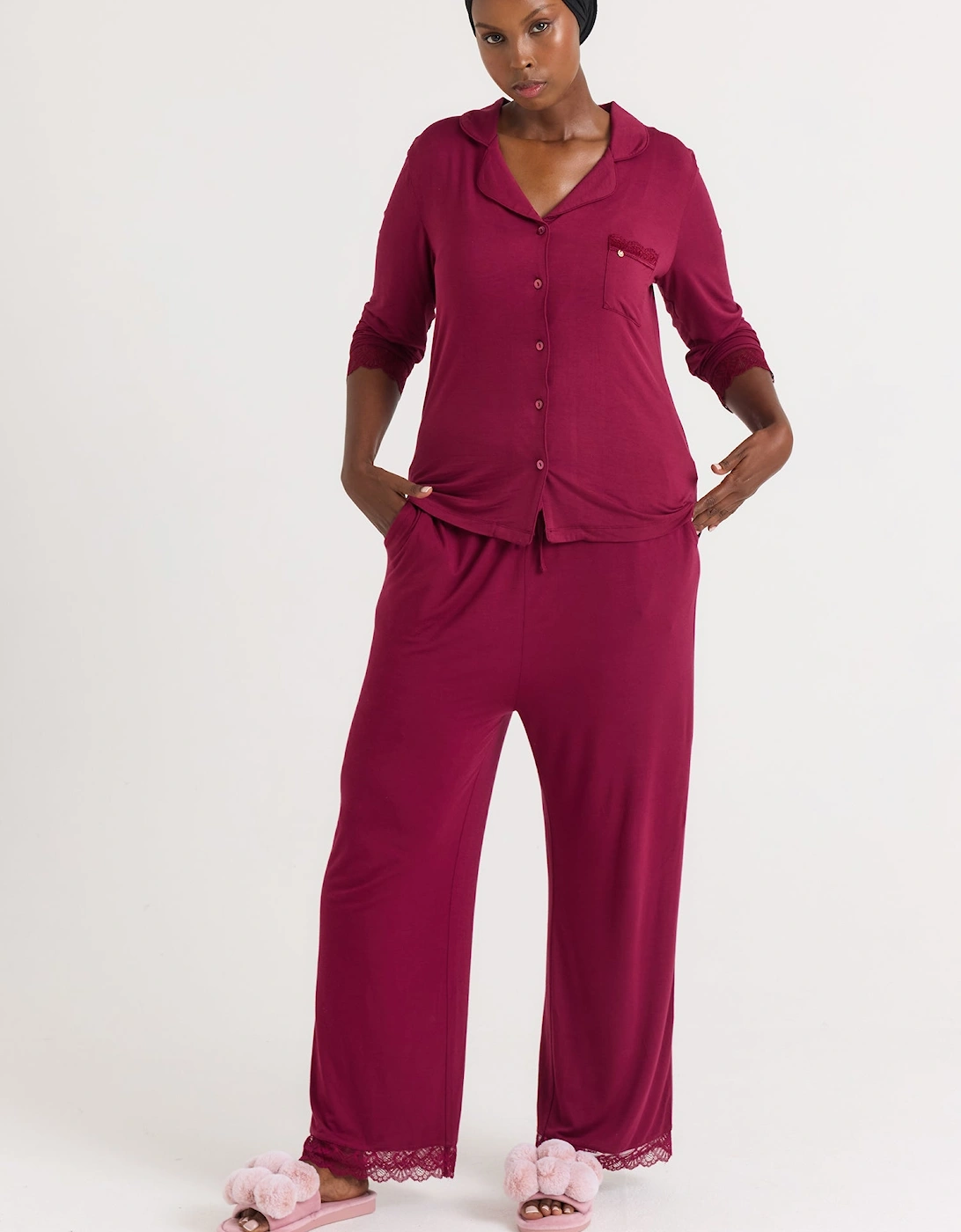 Bamboo Lace Long Pyjama Set in Bordeaux
