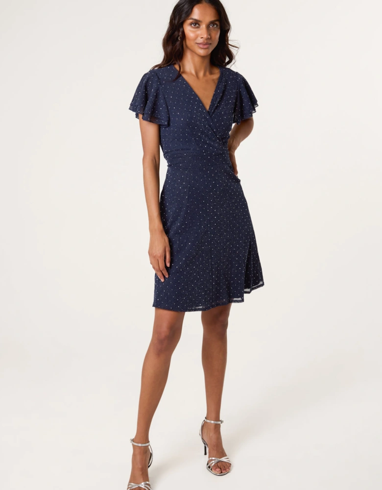 Navy Rhinestone Diamante Wrap Dress