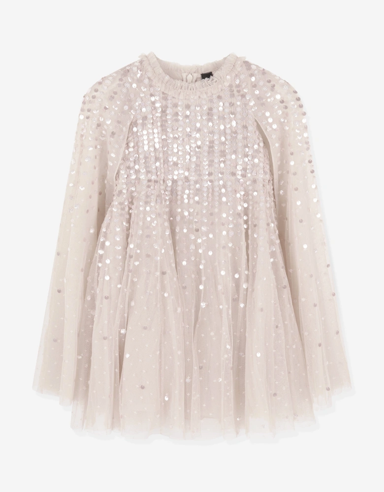 Girls Moonlight Sequin Cape Dress in Ivory