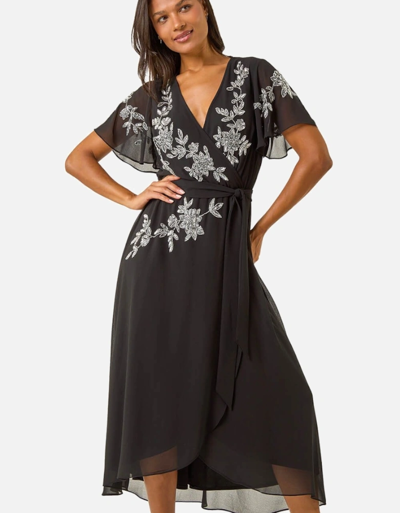 Premium Beaded Wrap Midi Dress
