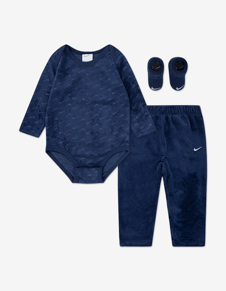 Baby 3 Piece Velour Swoosh Bodysuit Set in Navy