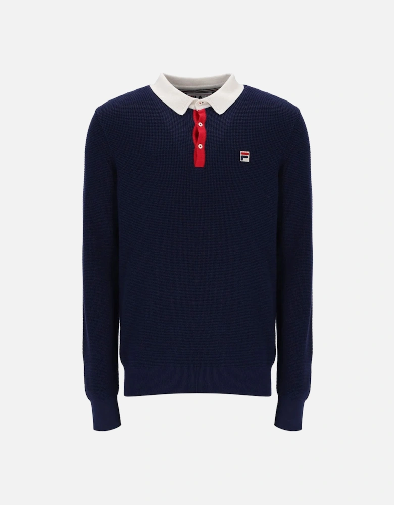 Vintage Nowell Waffle Knitted Longsleeved Polo Shirt - Navy/Gardenia/Red
