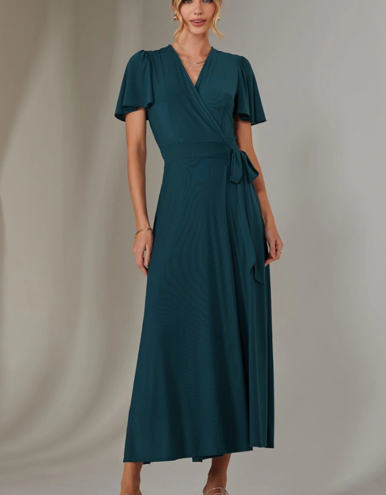 Angel Sleeve Wrapped Mesh Maxi Dress