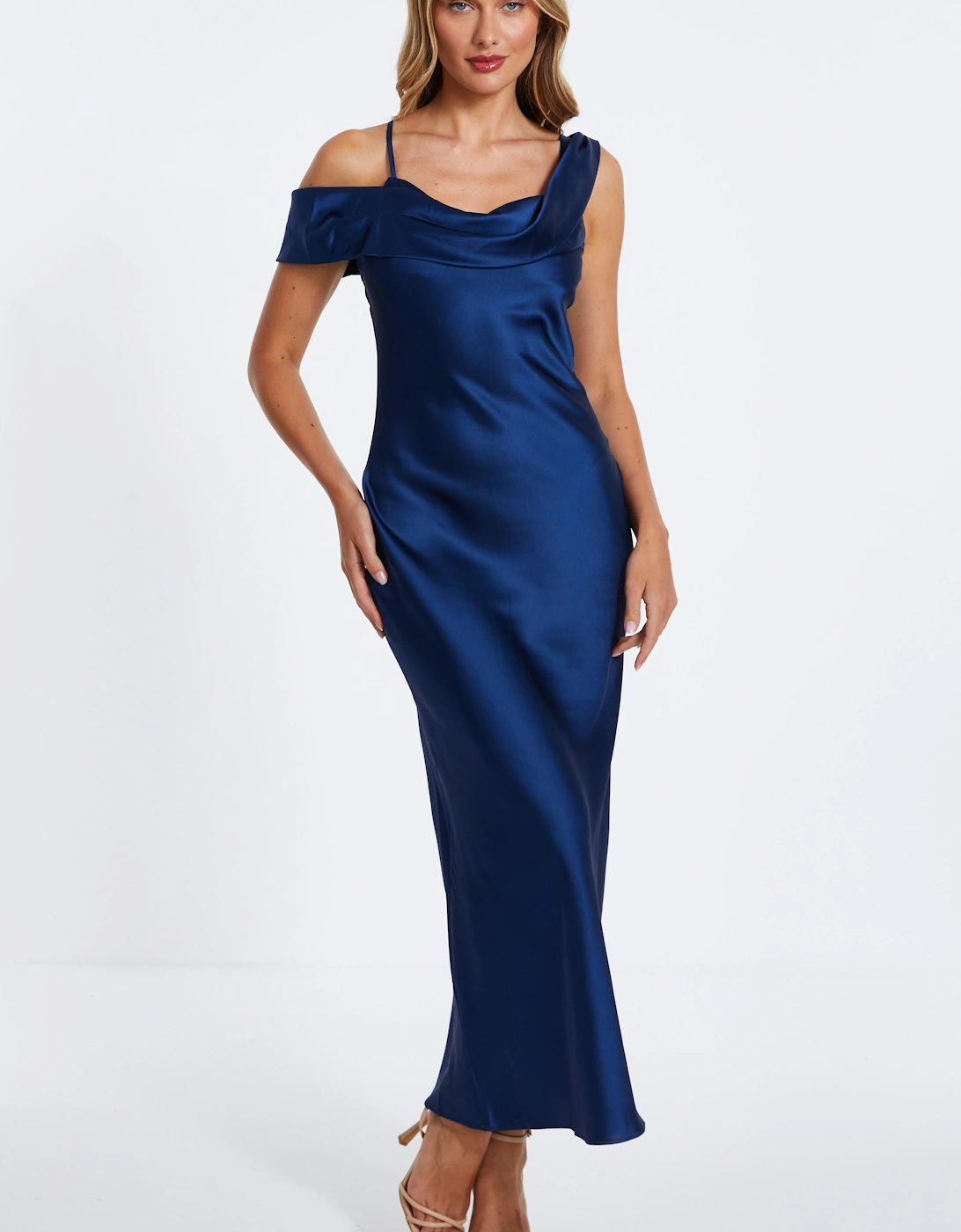 Navy Satin Cold Shoulder Midaxi Dress, 2 of 1