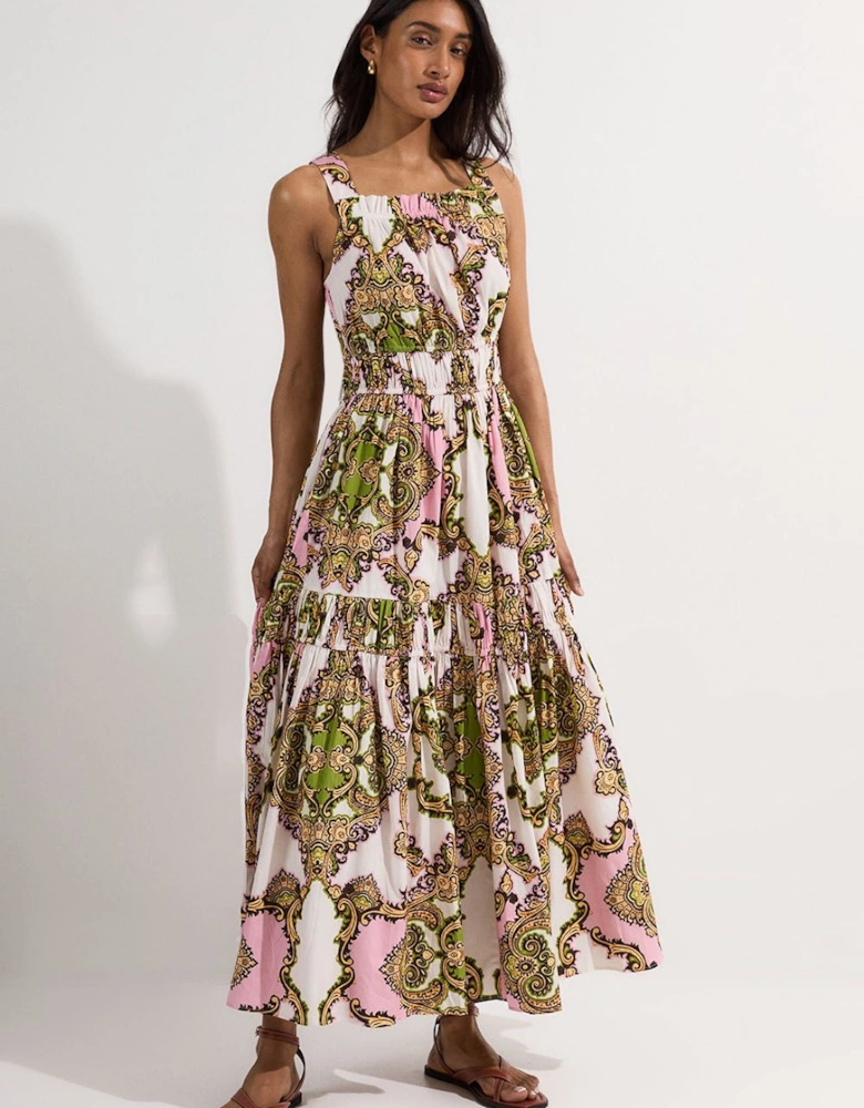 Shirred Cotton Tiered Print Woven Strappy Maxi Dress