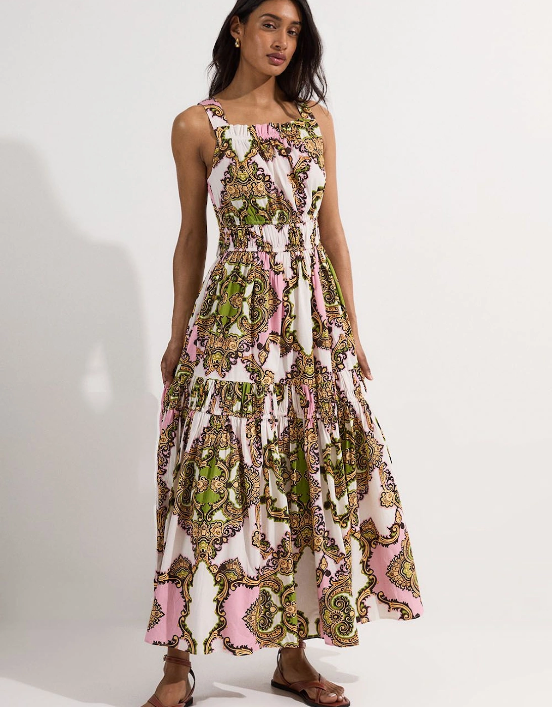 Shirred Cotton Tiered Print Woven Strappy Maxi Dress, 2 of 1
