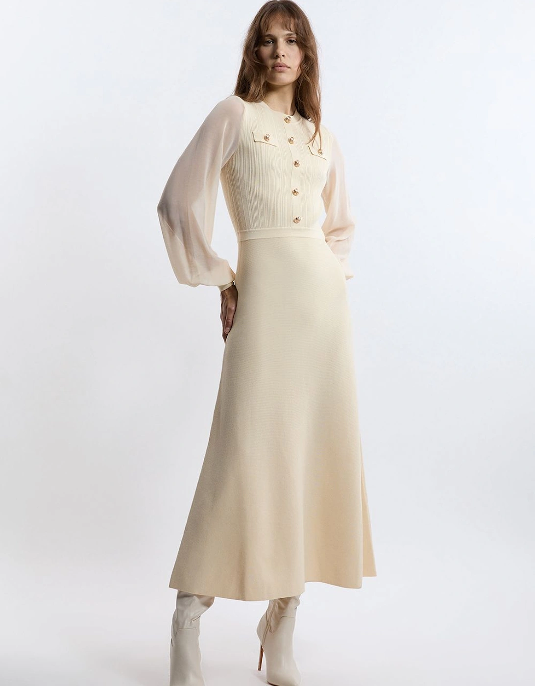 Petite Viscose Blend Maxi Knit Dress With Chiffon Sleeve Military Trim, 2 of 1