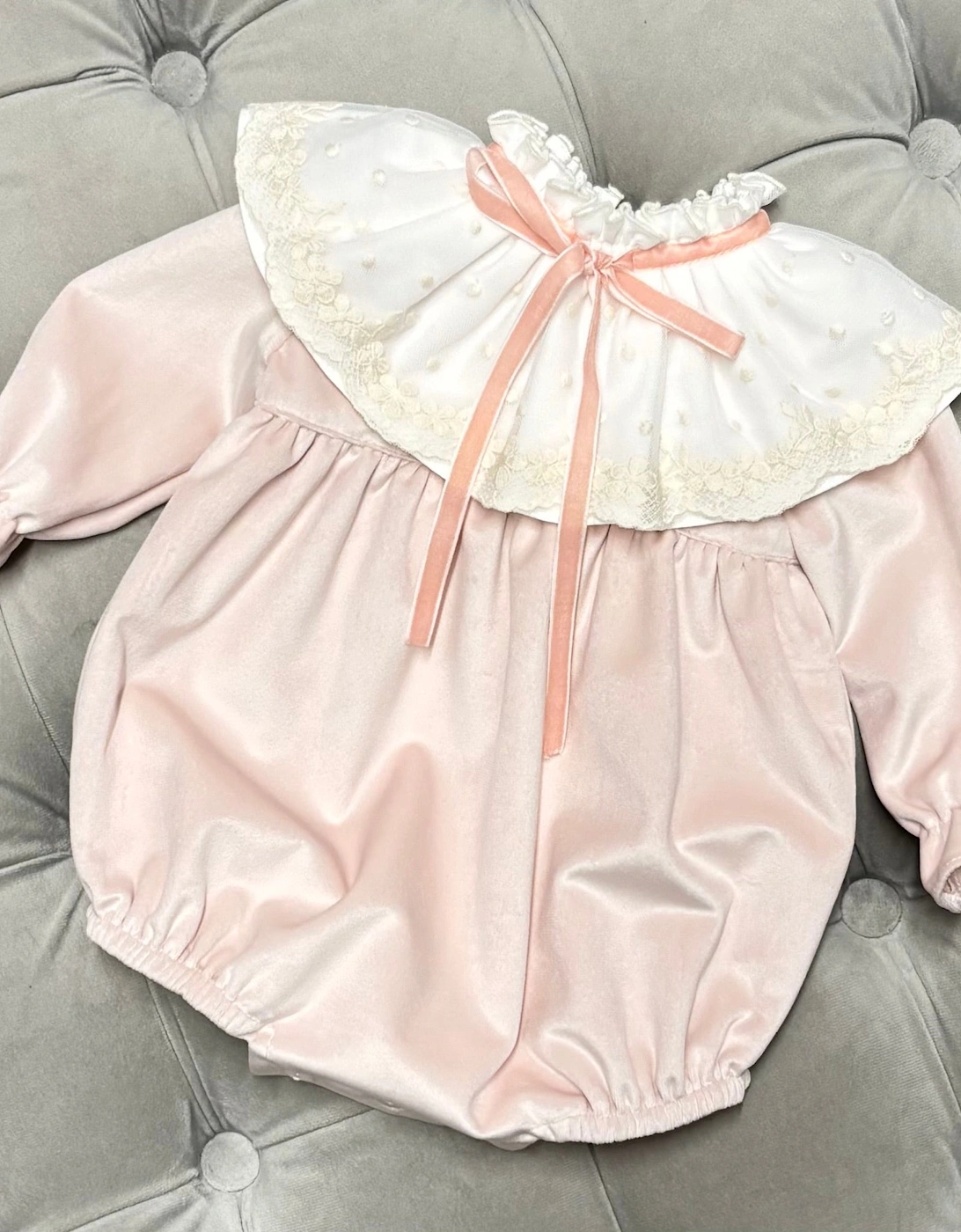 Girls Pink Velvet Lace Collared Romper, 2 of 1